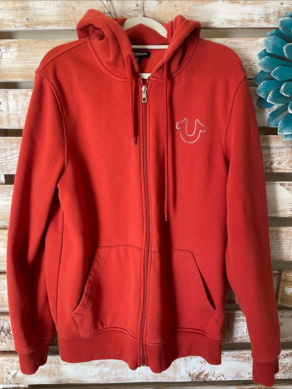 Red True Religion Red Zip-Up Hoodie horseshoe logo on the left chest Size Medium